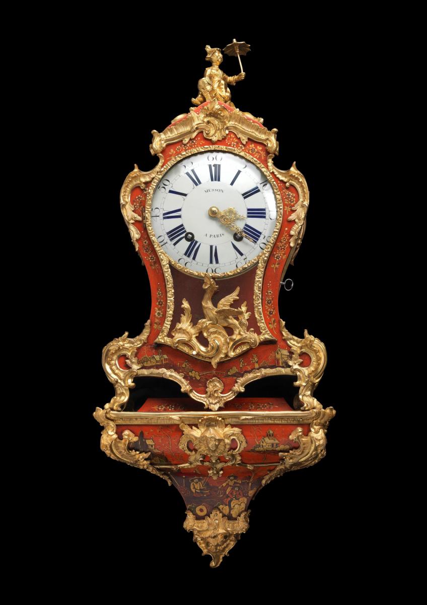 A Louis XV Small Ormolu-Mounted Red Lacquer Bracket Clock, Pierre Musson, Paris