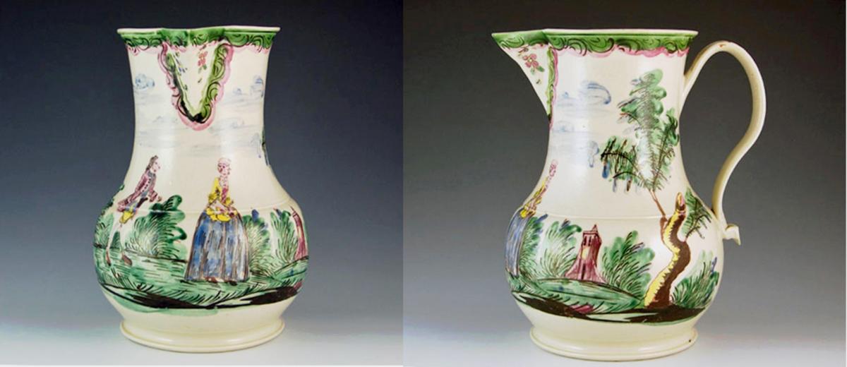 Antique English Saltglaze Cider Jug with Figural Polychrome Decoration, Mid-18th Century.