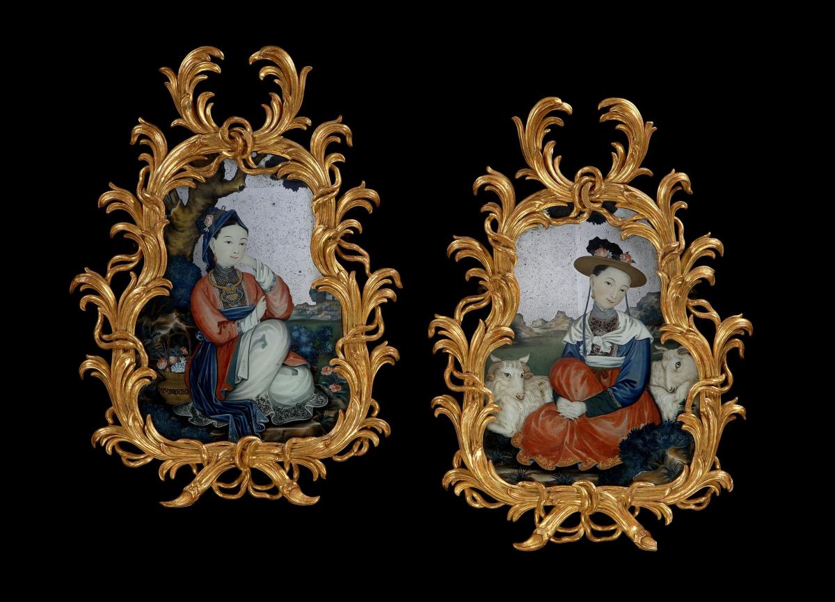 Rare Pair of Chinese Export (China Trade Paintings) Reverse Glass Painted Mirror Pictures China Circa 1775