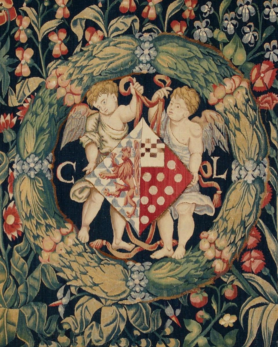 A Millefleurs Tapestry with the coat of arms and initials of Christine de Lechy Wool and silk Flemish, attributed to Bruges,