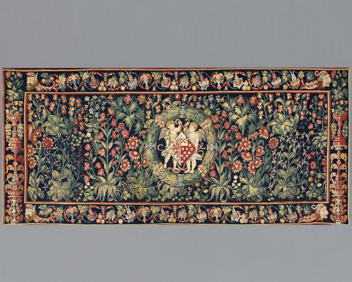 A Millefleurs Tapestry with the coat of arms and initials of Christine de Lechy Wool and silk Flemish, attributed to Bruges,