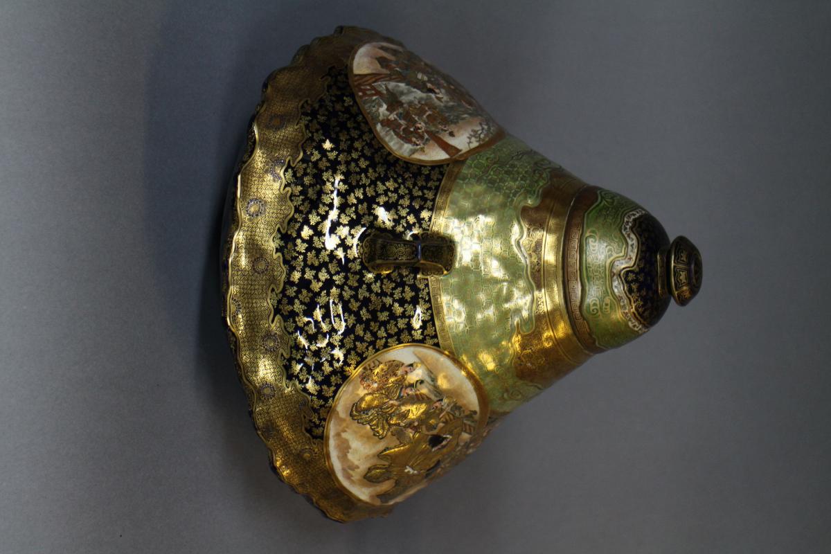 A large Japanese 19th century mount Fuji shaped Satsuma vase and cover