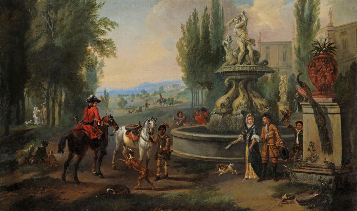 Elegant company and their horses in front of a country house, preparing to leave for hawking Jan Wyck c.1645-1700