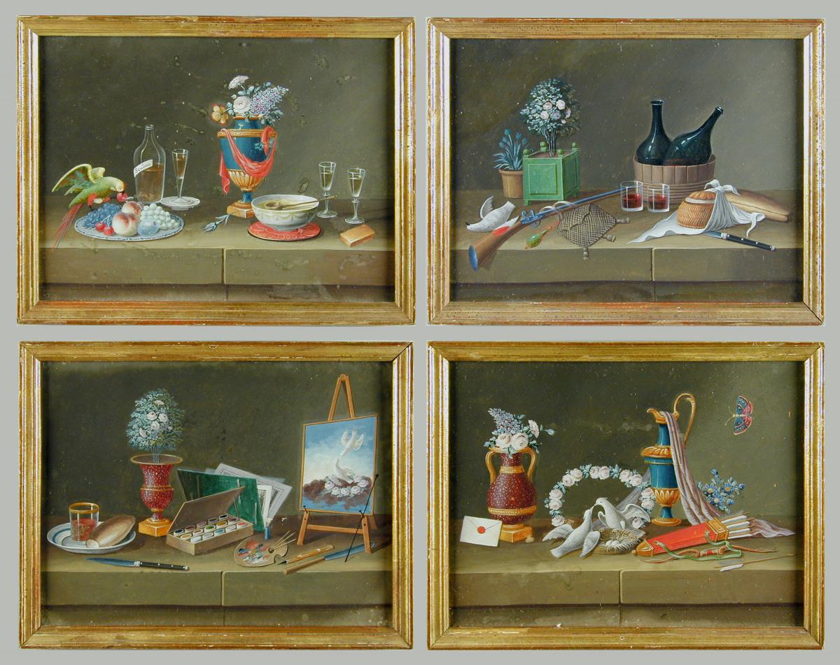 Set of four early 19th century gouache pictures probably by Paul Lelong, c.1820