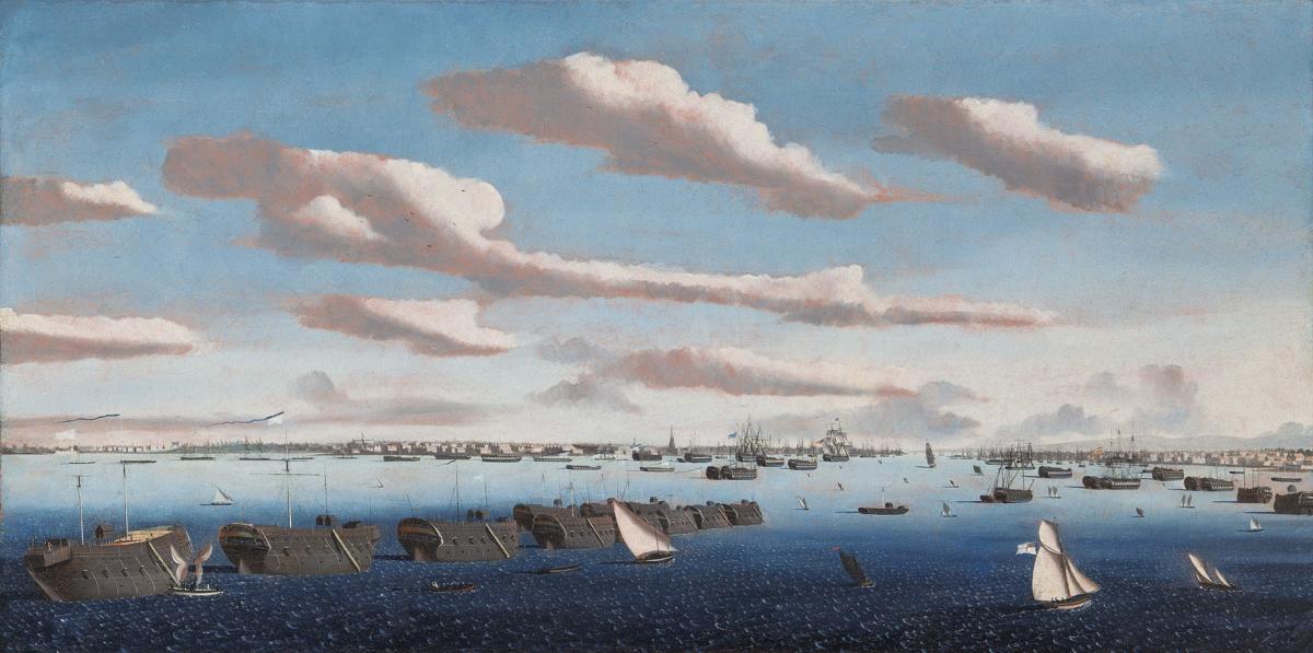 Ambroise Louis Garneray (French, 1783-1857) Noon: Prison hulks in Portsmouth Harbour