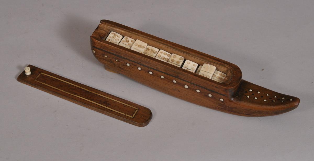 S/3347 Antique Treen 19th Century Mahogany Shoe Games Box