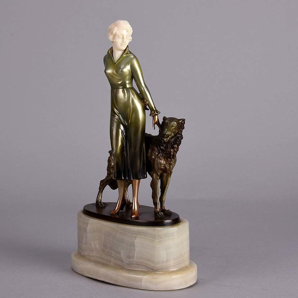 Art Deco Cold Painted Bronze and Ivory Figure "Lady & Borzoi" by Josef Lorenzl