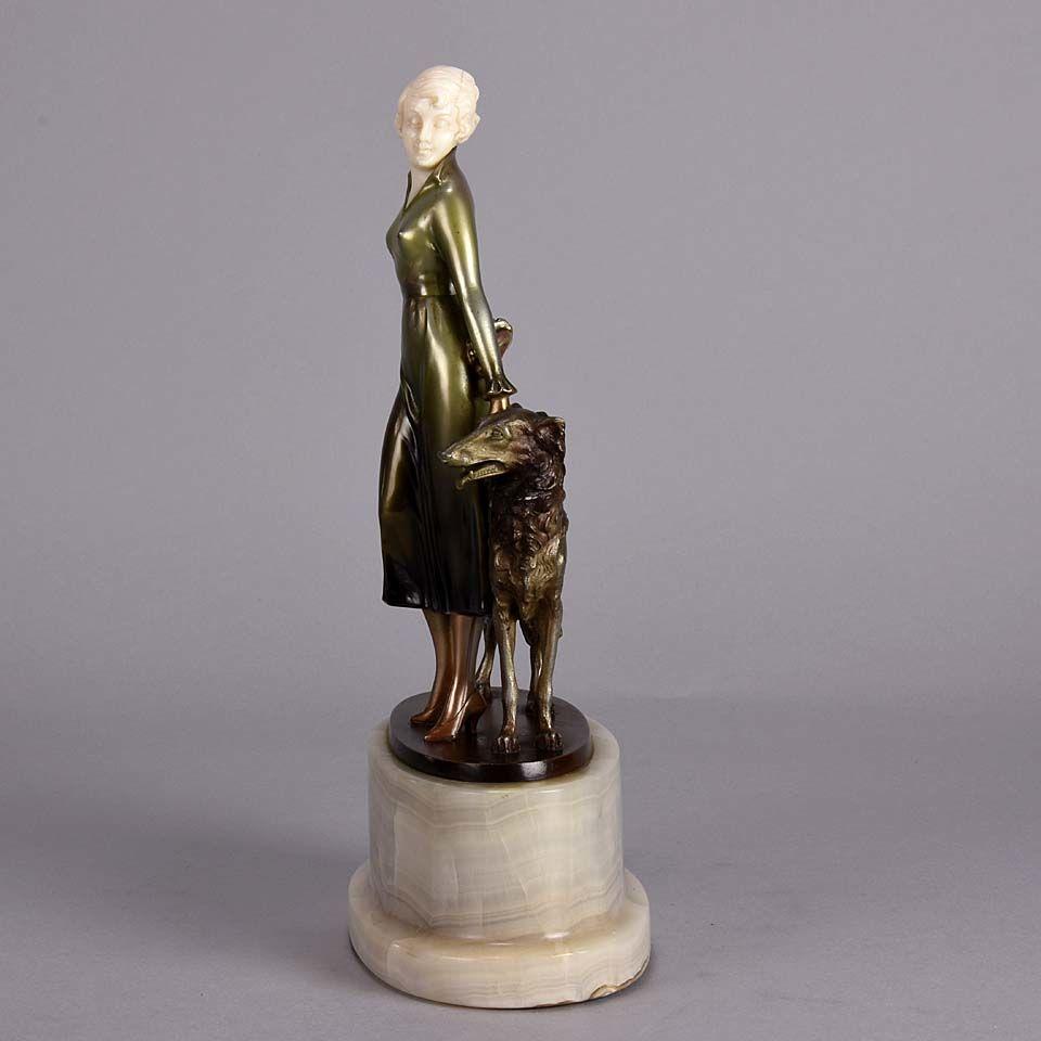 Art Deco Cold Painted Bronze and Ivory Figure "Lady & Borzoi" by Josef Lorenzl