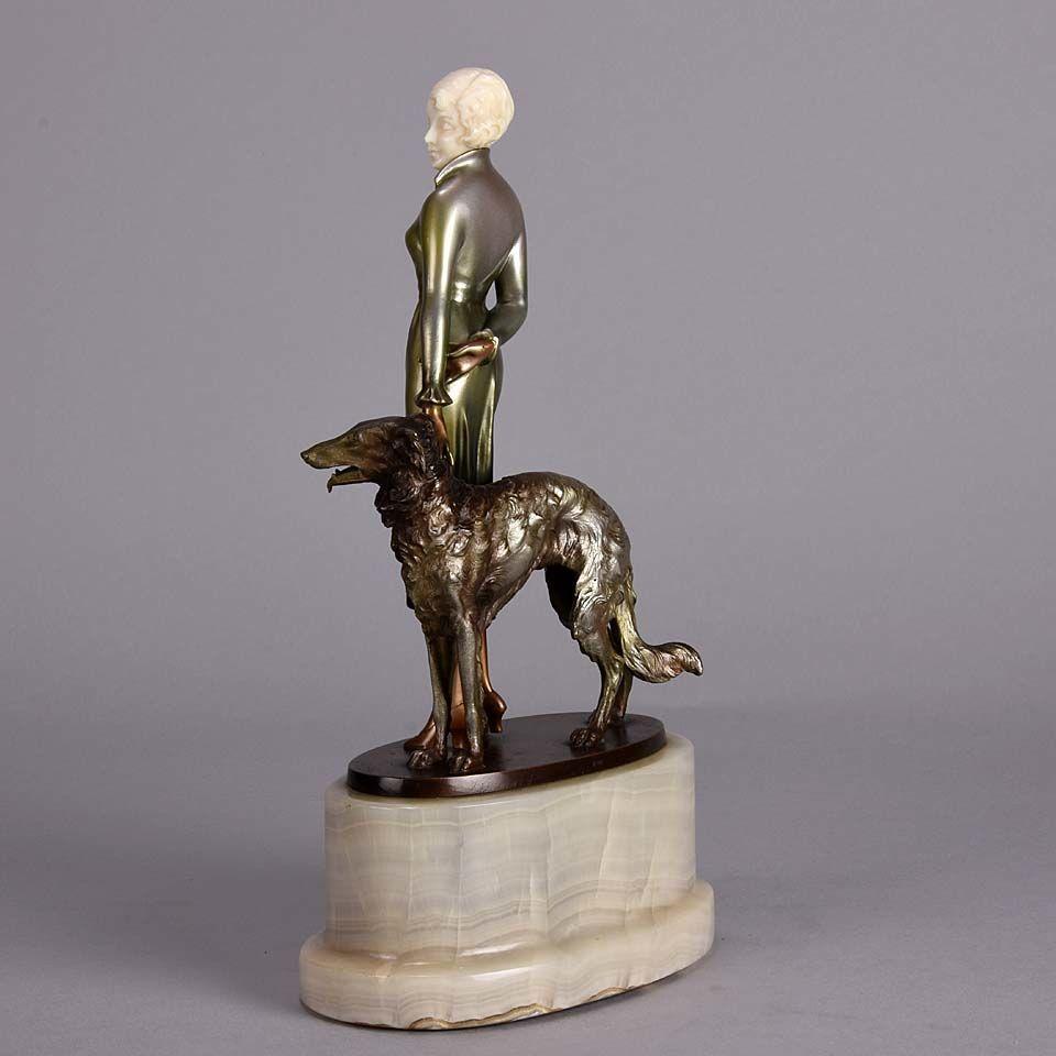 Art Deco Cold Painted Bronze and Ivory Figure "Lady & Borzoi" by Josef Lorenzl
