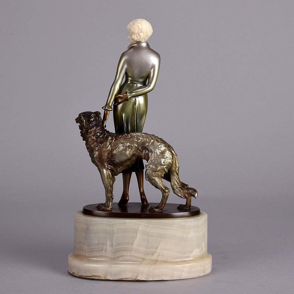 Art Deco Cold Painted Bronze and Ivory Figure "Lady & Borzoi" by Josef Lorenzl