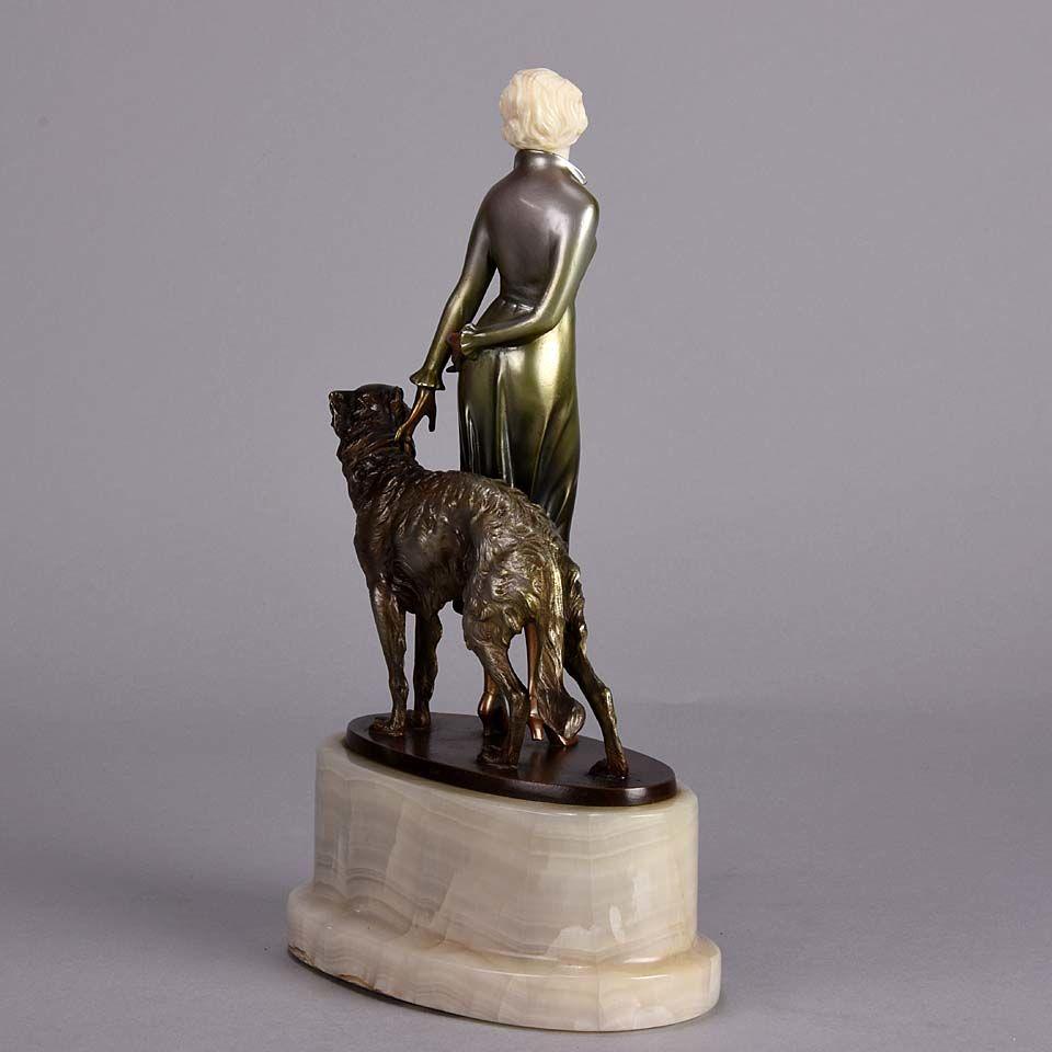 Art Deco Cold Painted Bronze and Ivory Figure "Lady & Borzoi" by Josef Lorenzl