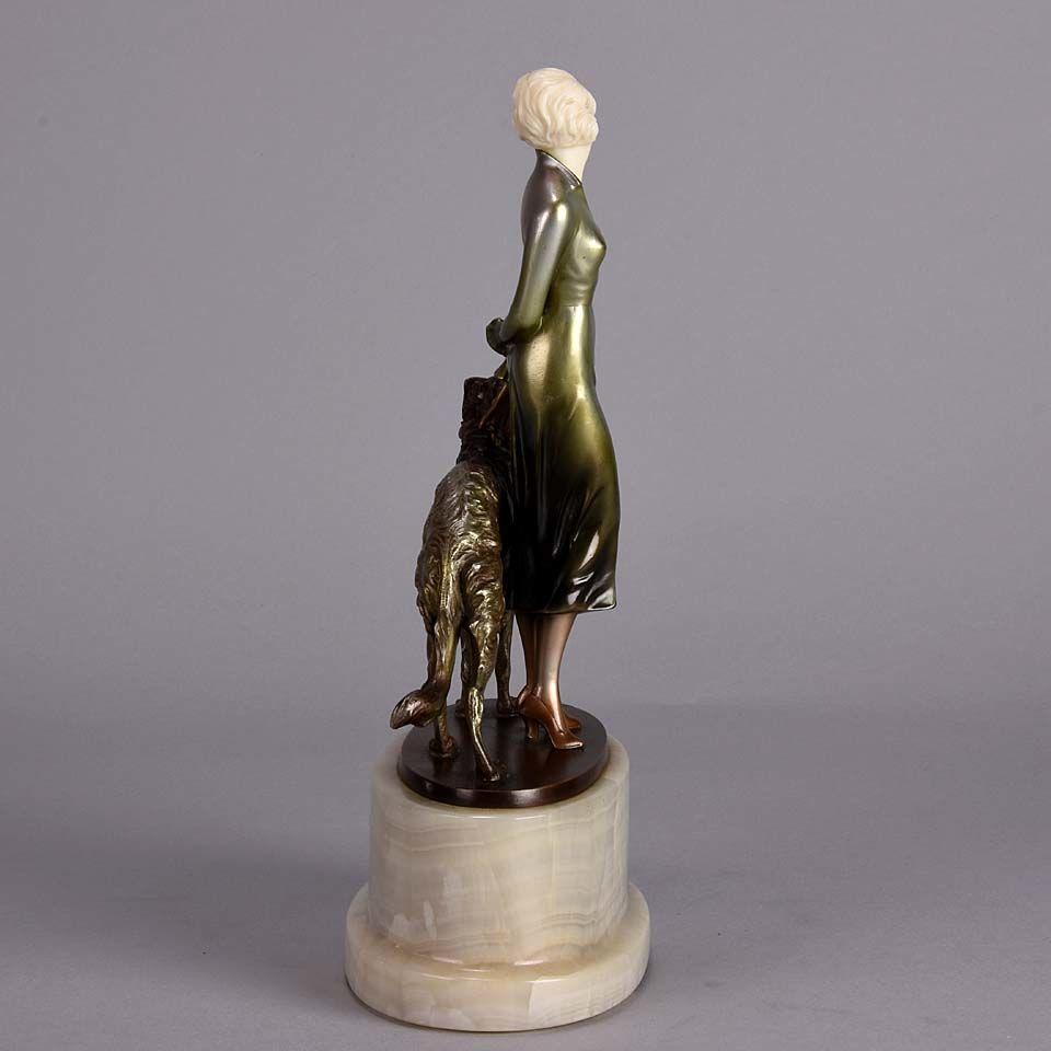 Art Deco Cold Painted Bronze and Ivory Figure "Lady & Borzoi" by Josef Lorenzl