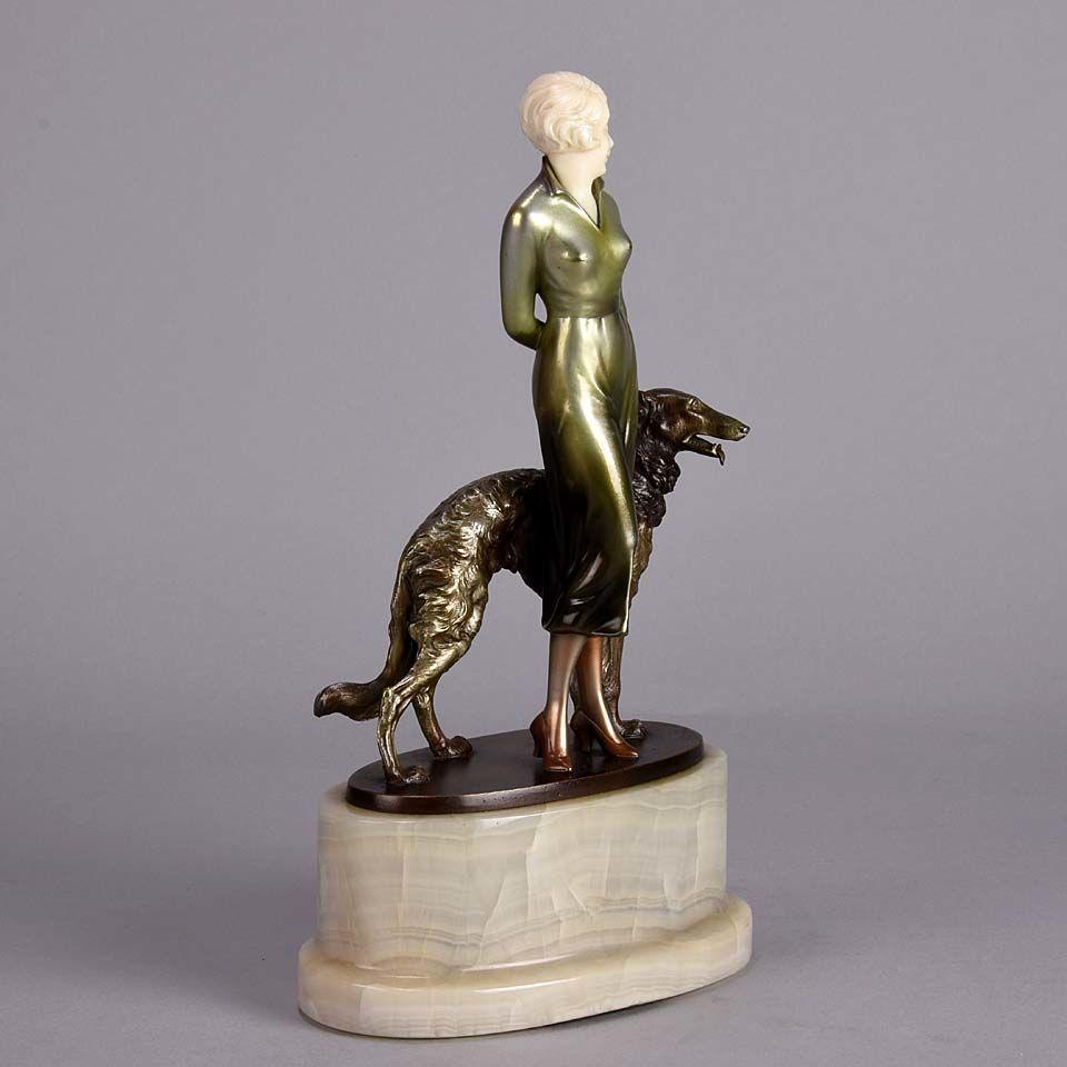 Art Deco Cold Painted Bronze and Ivory Figure "Lady & Borzoi" by Josef Lorenzl