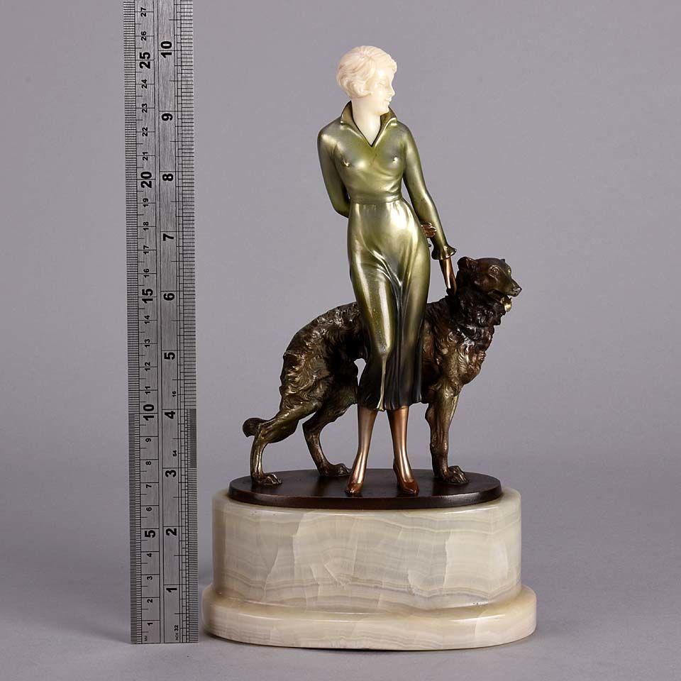 Art Deco Cold Painted Bronze and Ivory Figure "Lady & Borzoi" by Josef Lorenzl