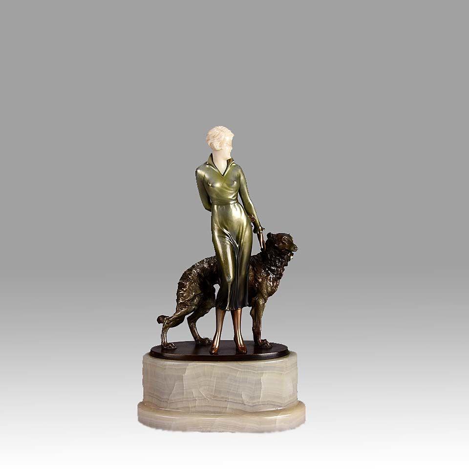 Art Deco Cold Painted Bronze and Ivory Figure "Lady & Borzoi" by Josef Lorenzl