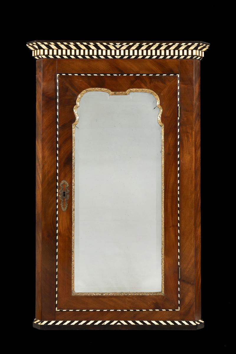 Rare Early 18th Century George II Mahogany Inlaid Hanging Corner Cupboard English Circa 1745