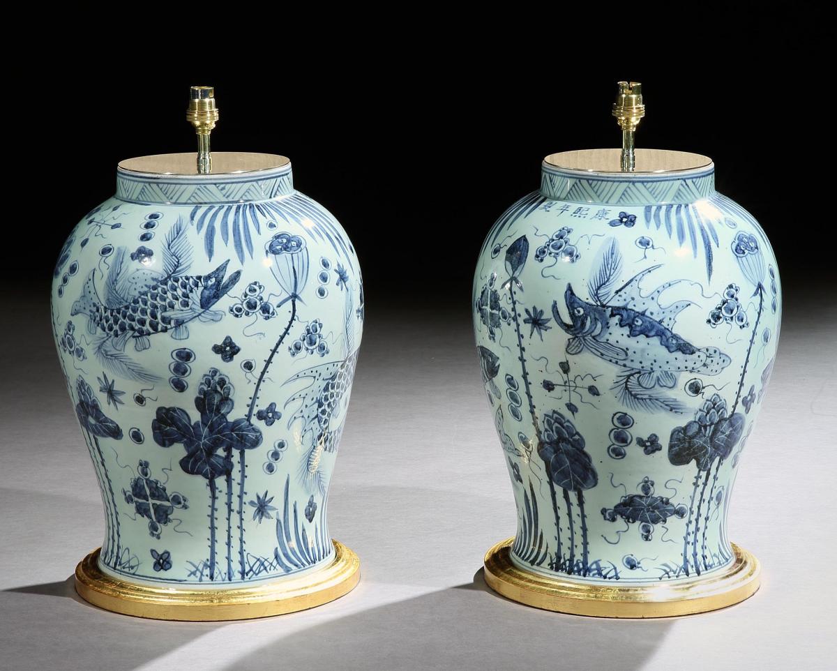 A Pair of Blue and White Chinese Vases Mounted as Lamps
