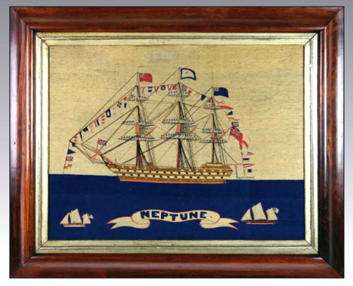 Sailor's Woolwork of HMS Neptune Fully Dressed with Sailors on the Yardarms, Circa 1865