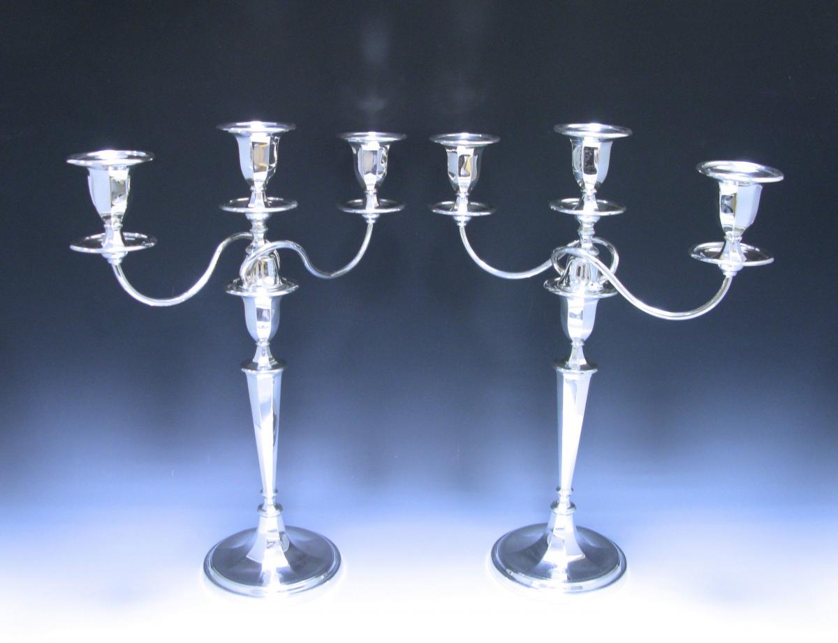 Pair of George V Antique Sterling Silver Three-Light Candelabra