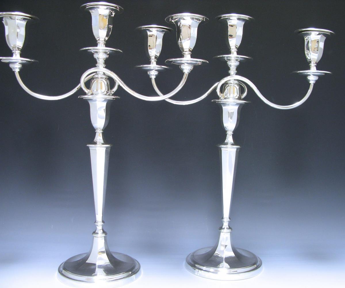 Pair of George V Antique Sterling Silver Three-Light Candelabra