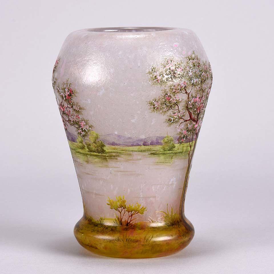 French Art Nouveau Cameo Glass Vase 'Paysage Rosé' by Daum Freres