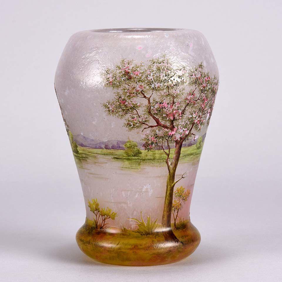 French Art Nouveau Cameo Glass Vase 'Paysage Rosé' by Daum Freres
