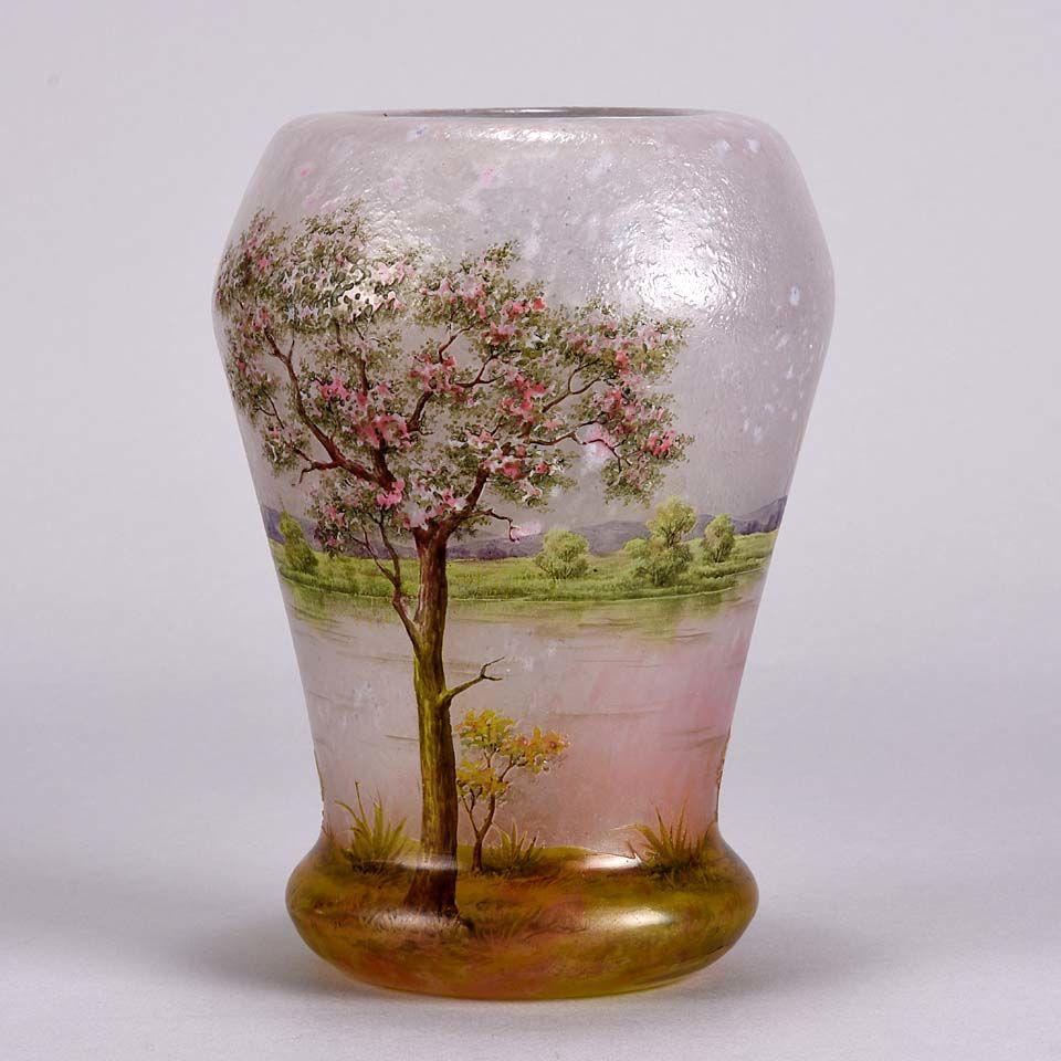 French Art Nouveau Cameo Glass Vase 'Paysage Rosé' by Daum Freres