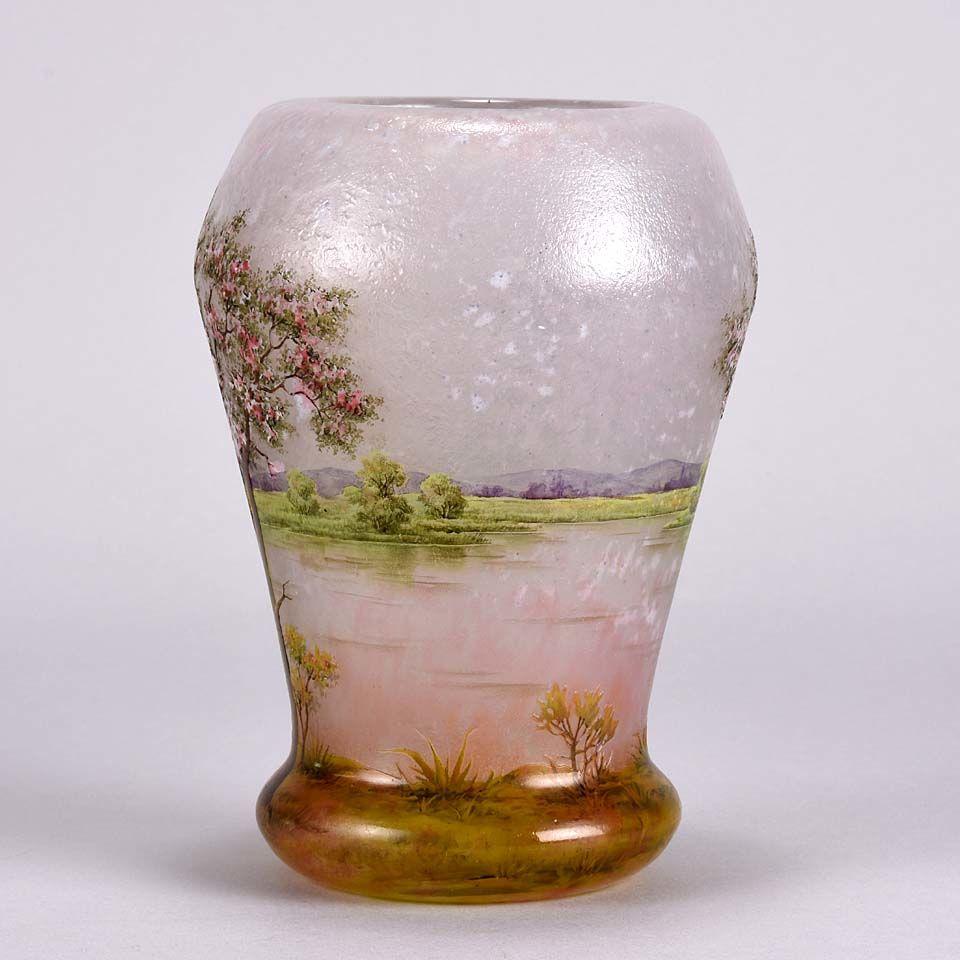 French Art Nouveau Cameo Glass Vase 'Paysage Rosé' by Daum Freres