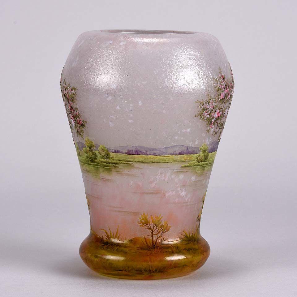 French Art Nouveau Cameo Glass Vase 'Paysage Rosé' by Daum Freres