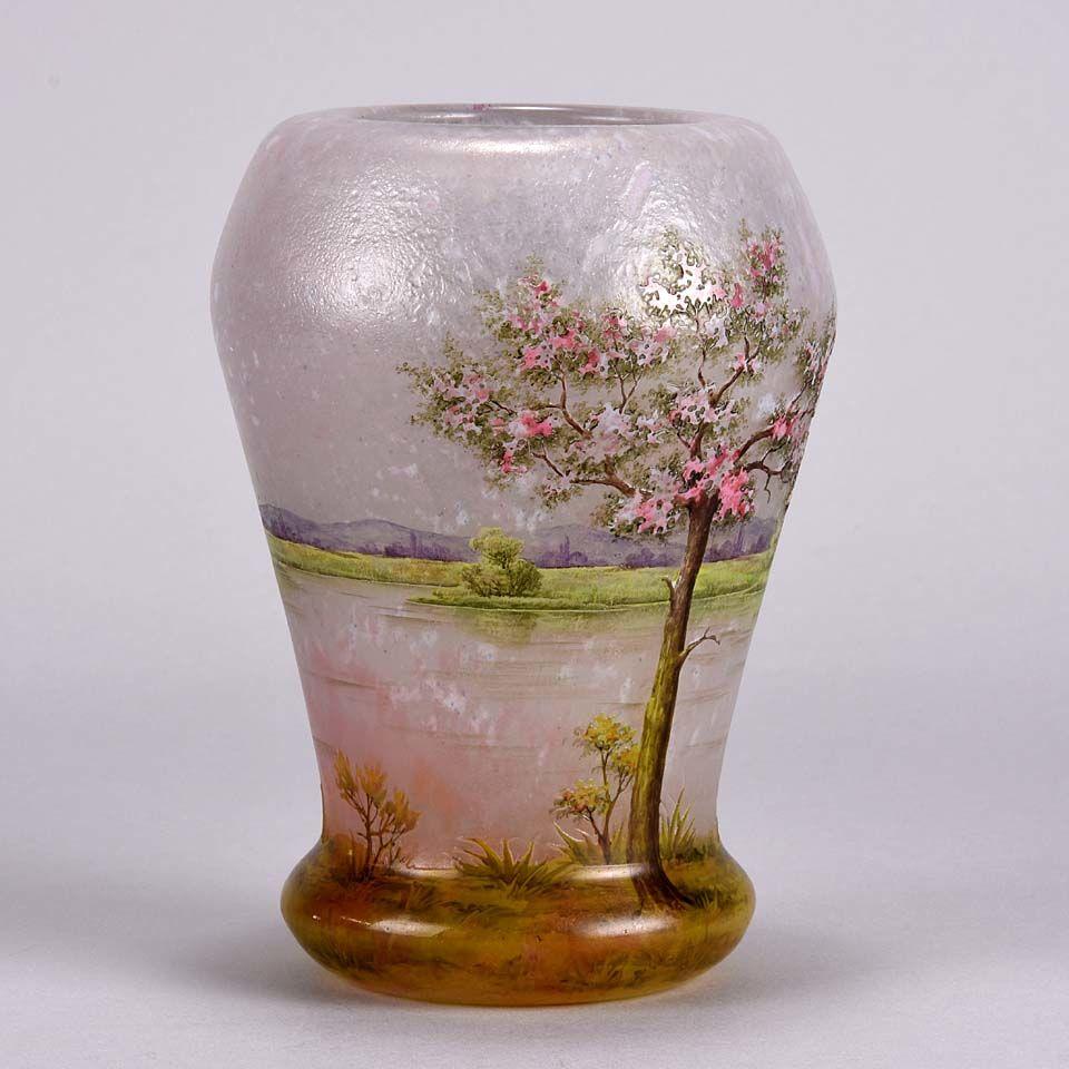 French Art Nouveau Cameo Glass Vase 'Paysage Rosé' by Daum Freres
