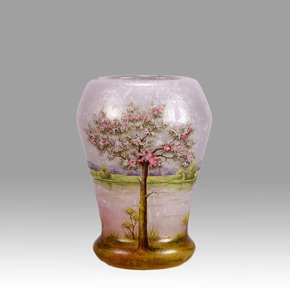 French Art Nouveau Cameo Glass Vase 'Paysage Rosé' by Daum Freres