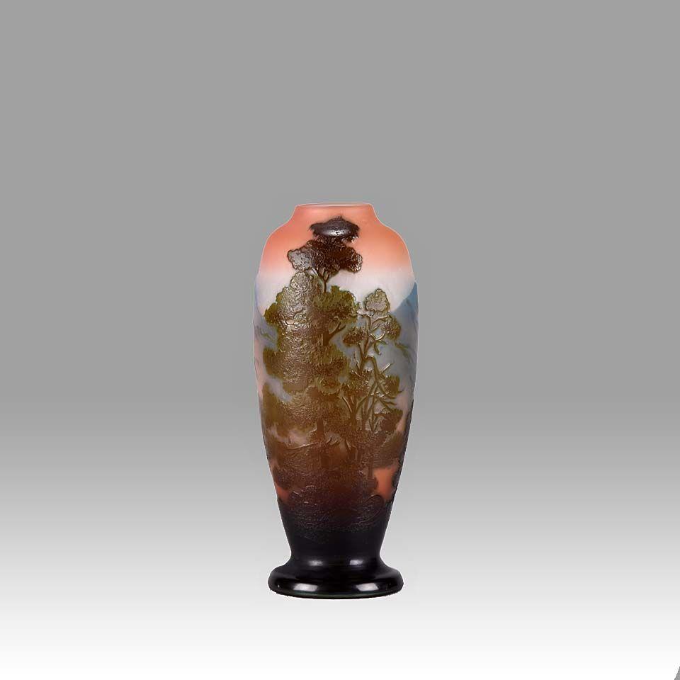 Art Nouveau Cameo Glass Mountain Landscape Vase by Emile Gallé