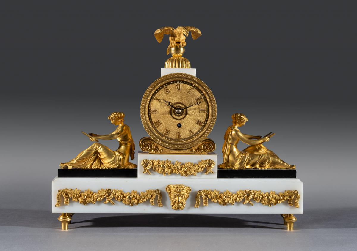 Regency Period White Marble Bronze & Gilt Bronze Mantel Timepiece