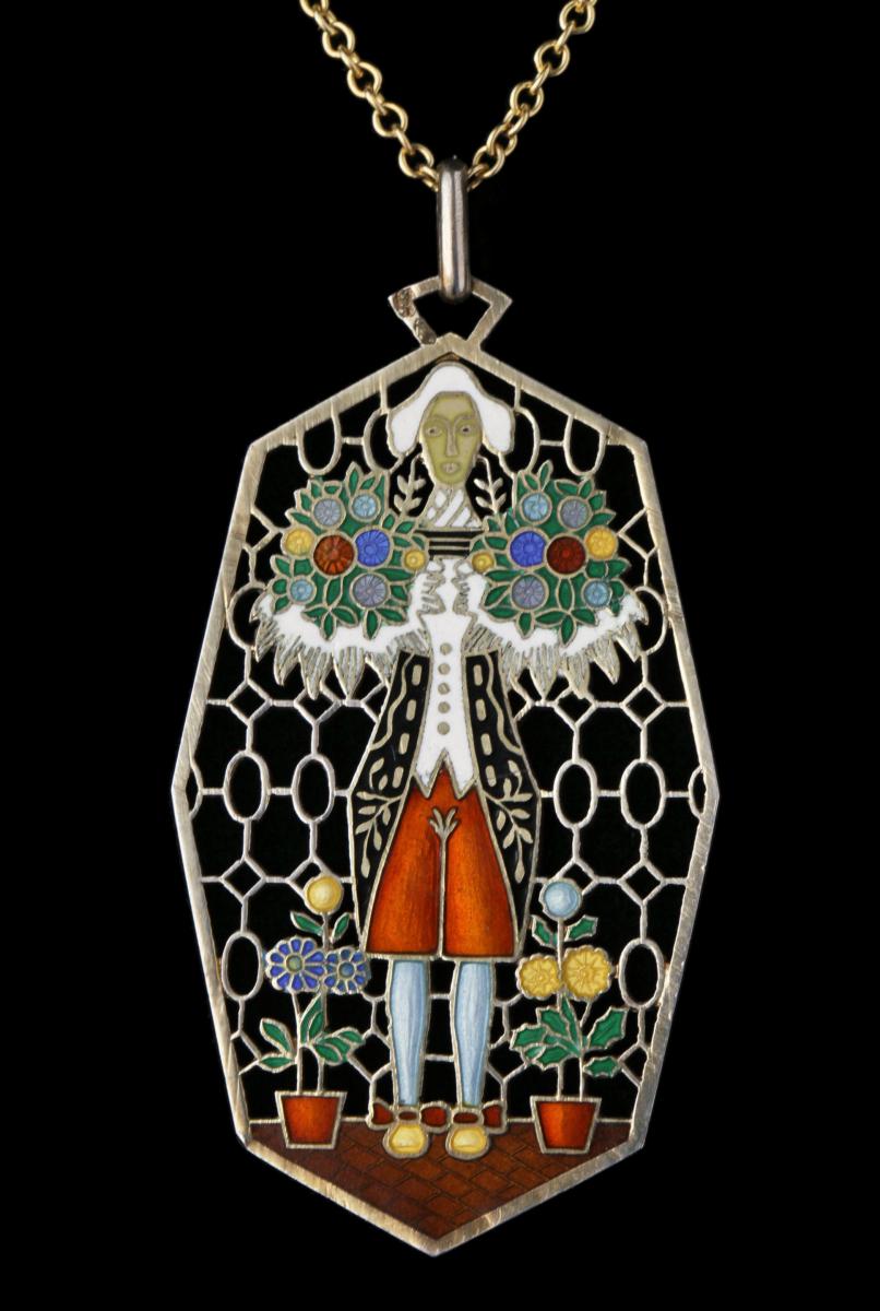 KUNSTGEWERBESCHULE (founded 1867) Jugendstil Pendant Necklace Gilded silver Enamel Figure Flowers Red Green Blue