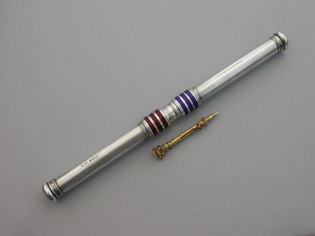 Large Victorian Silver & Enamel Oversize Sliding Red & Blue Editing Pencil