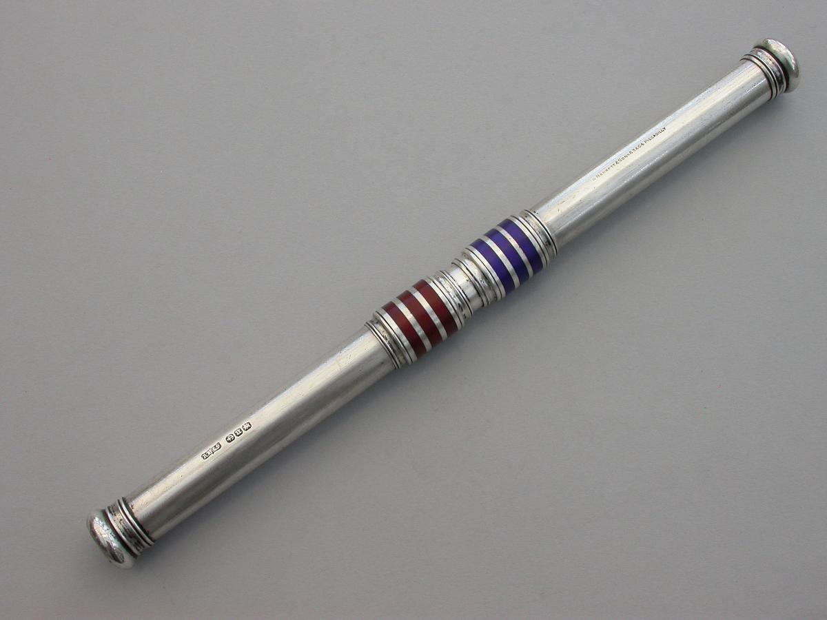 Large Victorian Silver & Enamel Oversize Sliding Red & Blue Editing Pencil