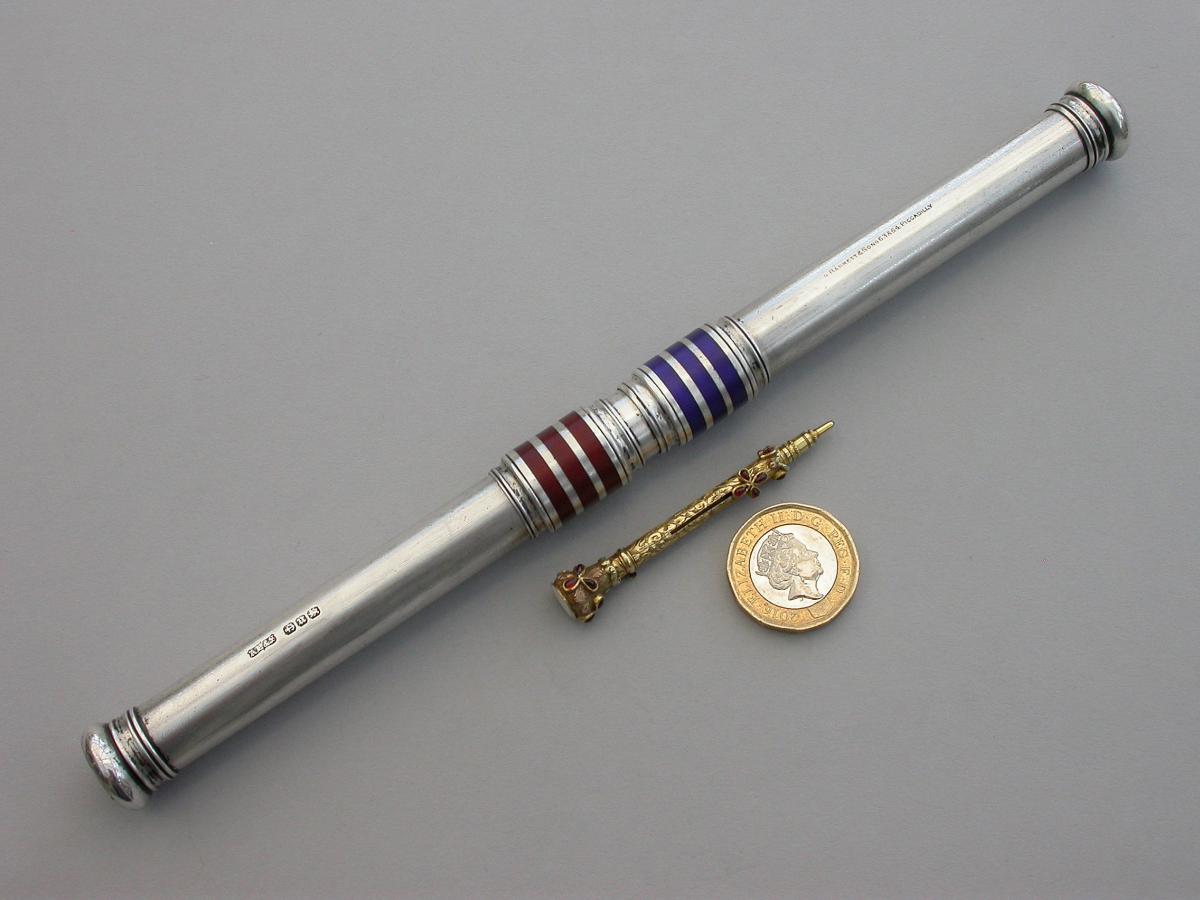 Large Victorian Silver & Enamel Oversize Sliding Red & Blue Editing Pencil