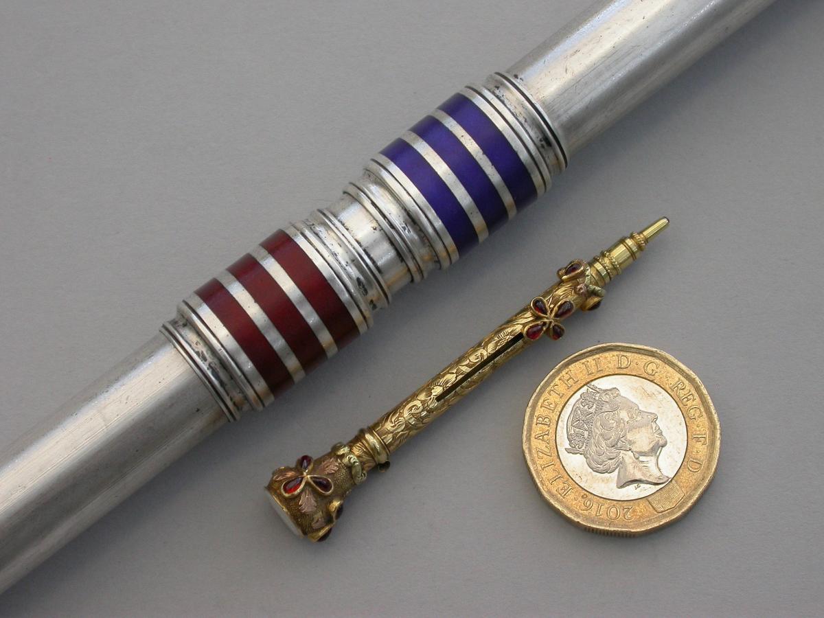Large Victorian Silver & Enamel Oversize Sliding Red & Blue Editing Pencil