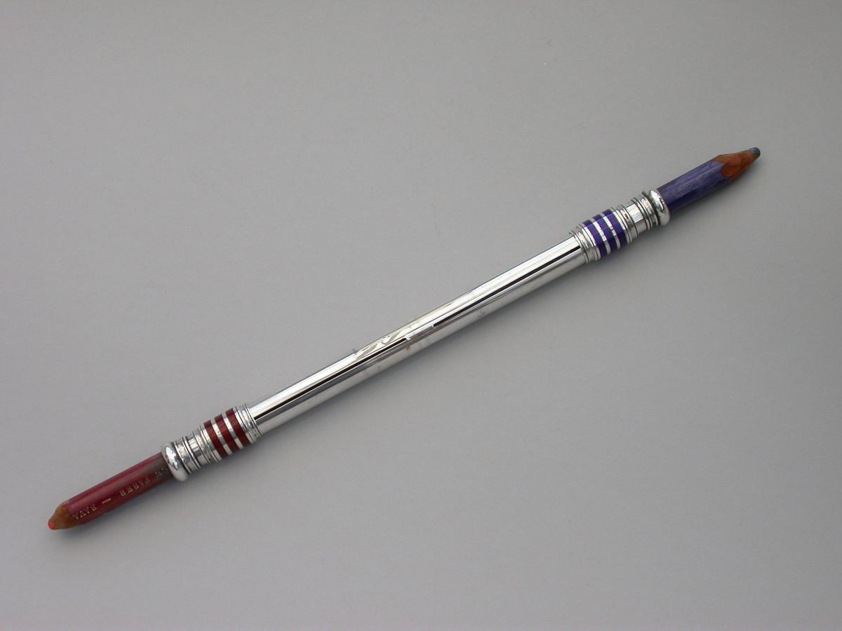 Large Victorian Silver & Enamel Oversize Sliding Red & Blue Editing Pencil