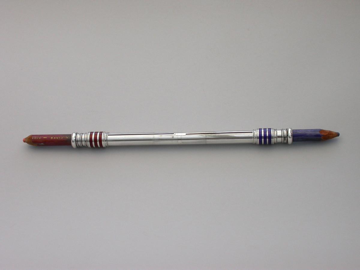 Large Victorian Silver & Enamel Oversize Sliding Red & Blue Editing Pencil