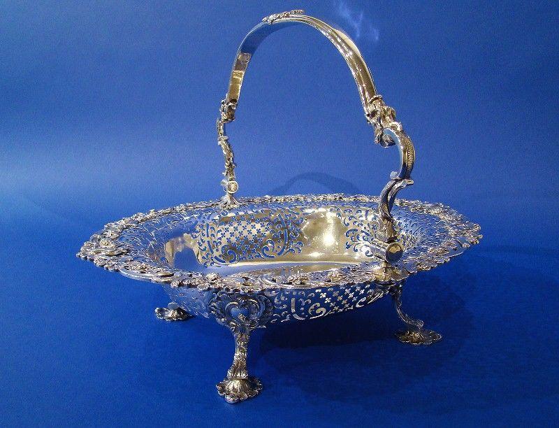 George II Silver Large Hand-Pierced Swing-Handle Basket