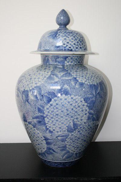A large blue and white japanese temple jar and cover