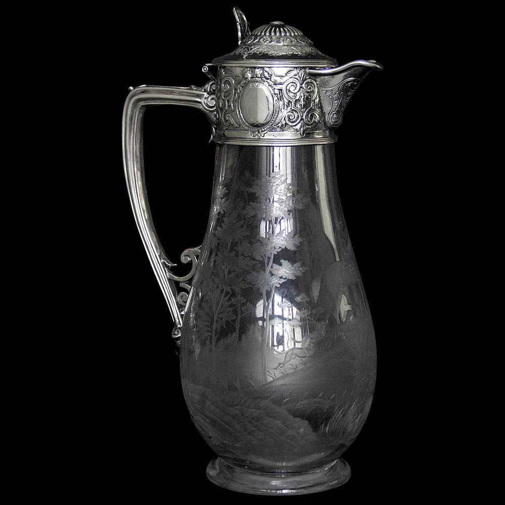 Antique Victorian Silver Mounted Etched Glass "Hunting Scene" Claret Jug