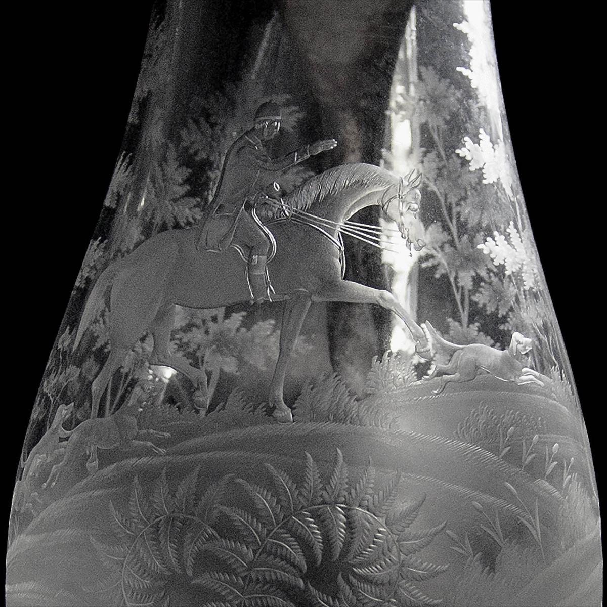 Antique Victorian Silver Mounted Etched Glass "Hunting Scene" Claret Jug