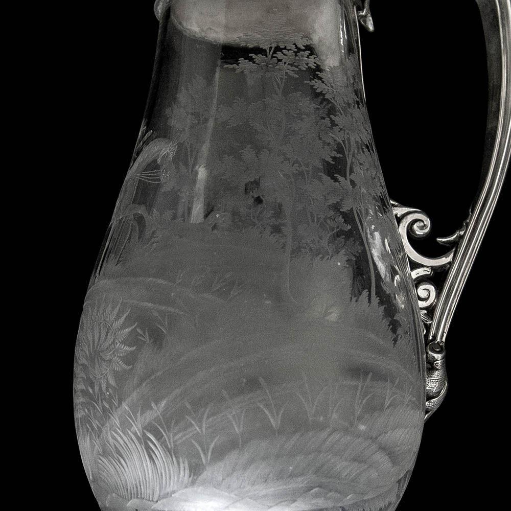 Antique Victorian Silver Mounted Etched Glass "Hunting Scene" Claret Jug