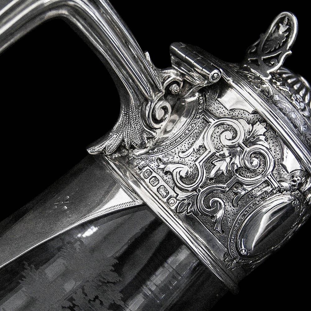 Antique Victorian Silver Mounted Etched Glass "Hunting Scene" Claret Jug