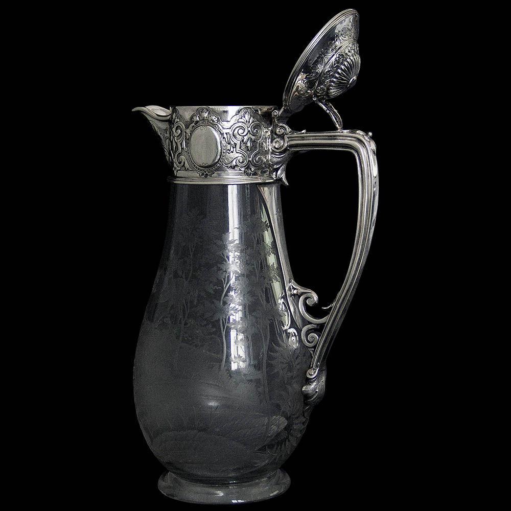 Antique Victorian Silver Mounted Etched Glass "Hunting Scene" Claret Jug