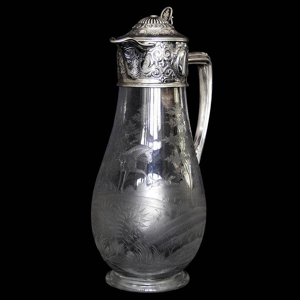 Antique Victorian Silver Mounted Etched Glass "Hunting Scene" Claret Jug