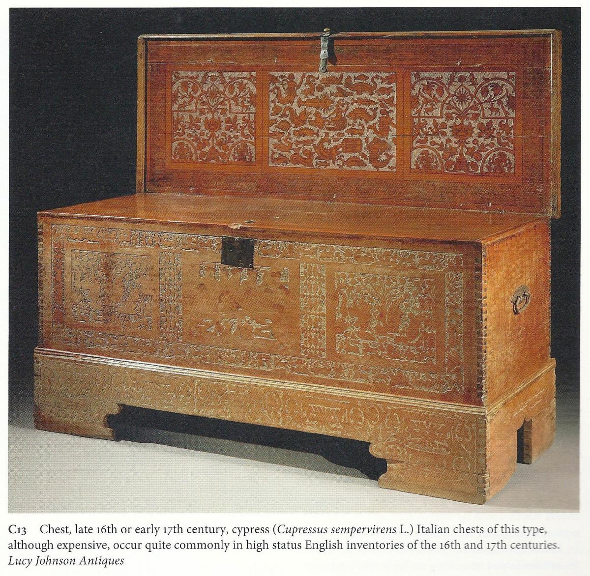 Large, museum-quality, late-16th century, cedar, Venetian, cassone on its original stand ; the sea creature ornament probably dr