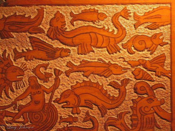 Large, museum-quality, late-16th century, cedar, Venetian, cassone on its original stand ; the sea creature ornament probably dr